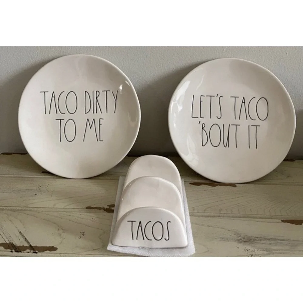 Rae Dunn Ceramic Taco Plates & Holder Set Let's Taco About It - Picture 2 of 2